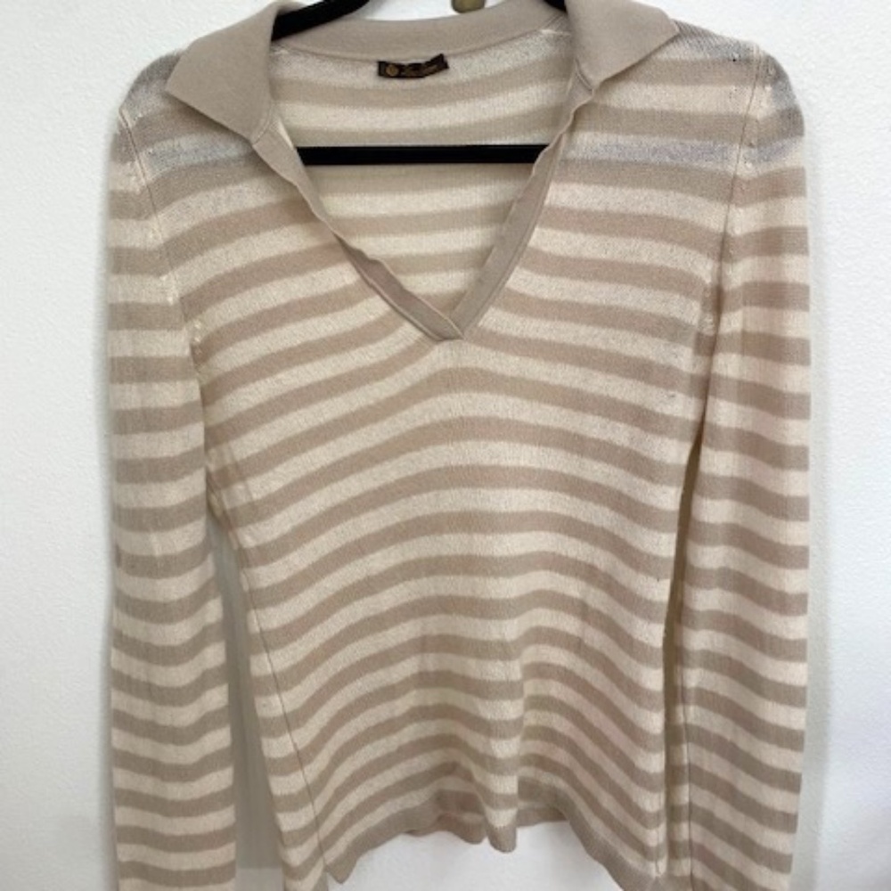 Loro Piano 100% Cashmere Beige and Cream Striped Collared Sweater, Euro Size 42
